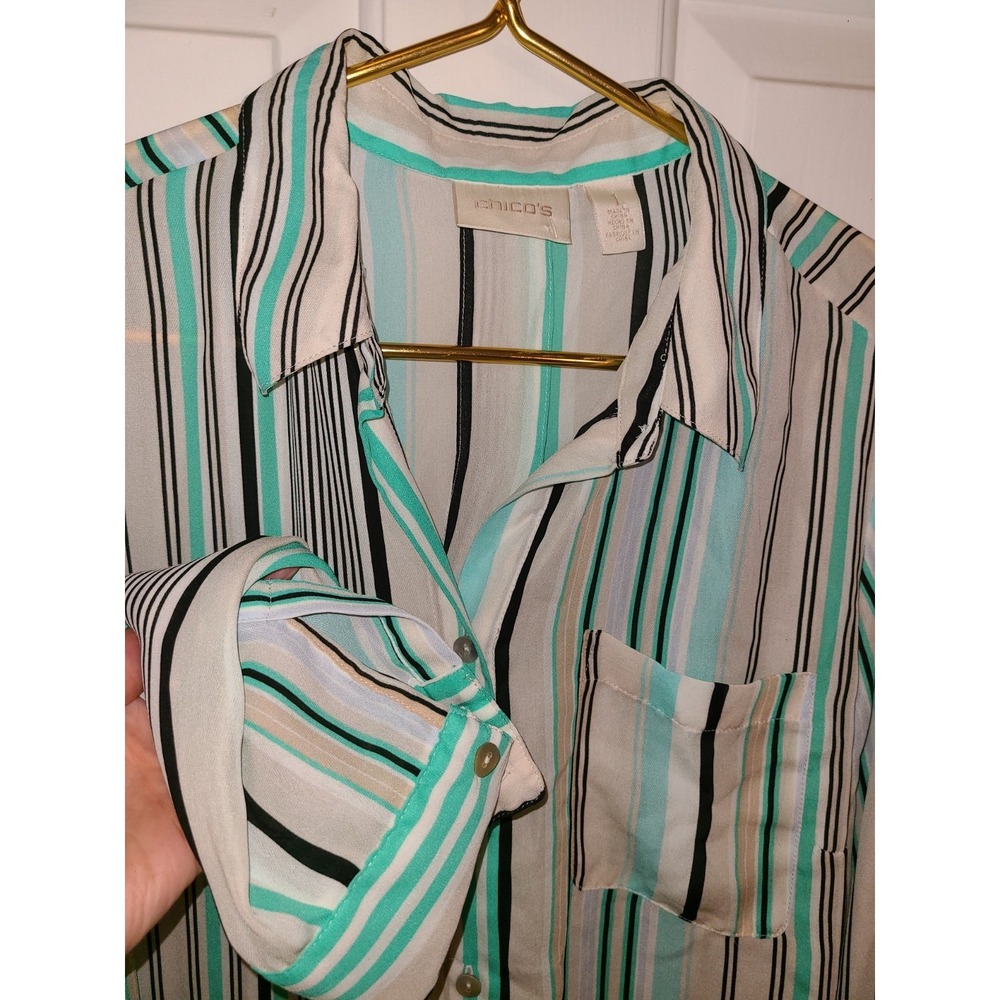 Chicos Button Up Stripe Blouse Tunic Buttons Sz 1 Career Aqua Green Black - Picture 3 of 7
